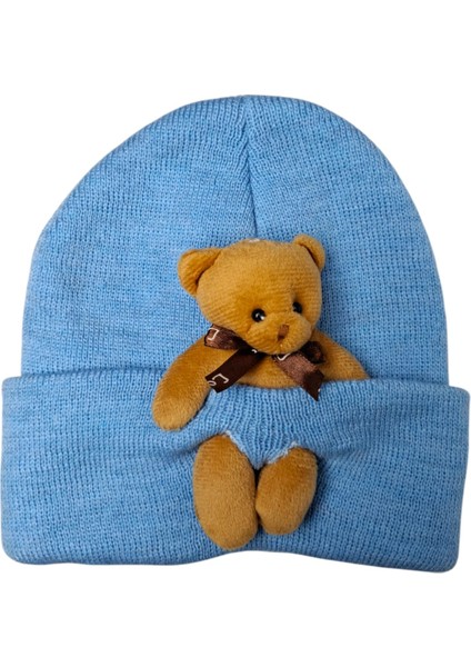 Çocuk Mavi Renk Ayıcık Figürlü Kışlık Örme Bere modelleri