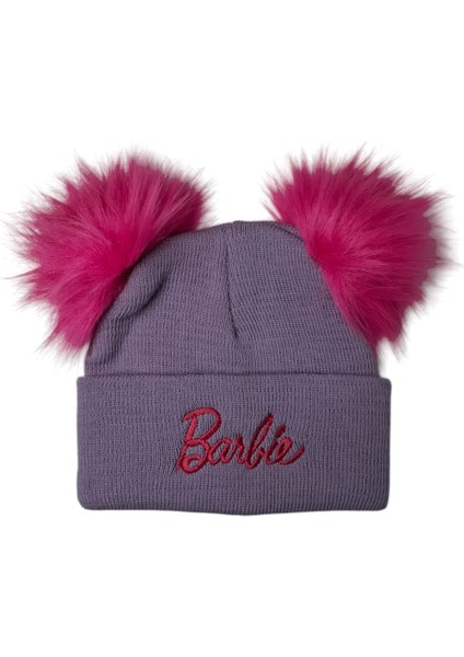 Kız Çocuk Lila Renk Barbie Figürlü Çift Ponponlu Örme Kışlık Bere
