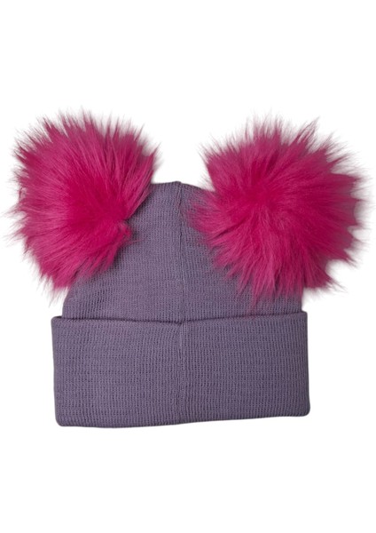 Kız Çocuk Lila Renk Barbie Figürlü Çift Ponponlu Örme Kışlık Bere fiyatları