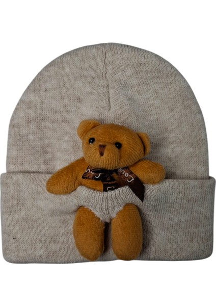 Çocuk Bej Renk Ayıcık Figürlü Kışlık Örme Bere