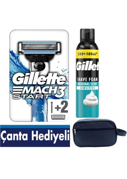 Mach3 Start Makine +2 Adet Tıraş Bıçağı + Gillette 250 ml Köpük + Seyahat Çantası