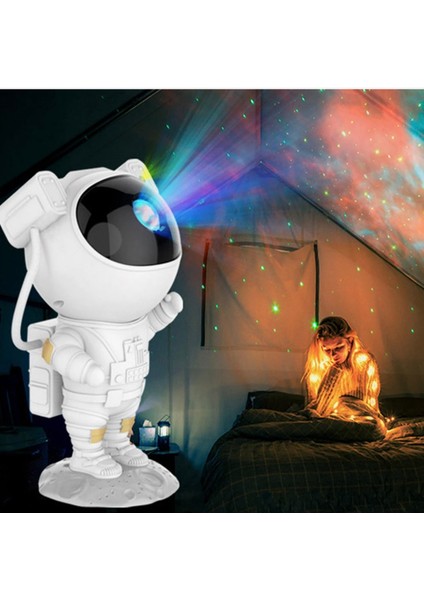 Astronot Projektör, Çocuk Gece Lambası -Yıldız ve Galaksi Efektli 360 Kumandalı