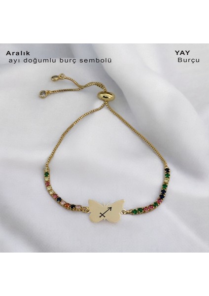 Kelebek Figürlü 14 Ayar Altın Plakalı Astroloji Burç Sembollü Renkli Taşlı Bileklik