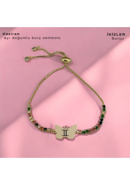 Kelebek Figürlü 14 Ayar Altın Plakalı Astroloji Burç Sembollü Renkli Taşlı Bileklik