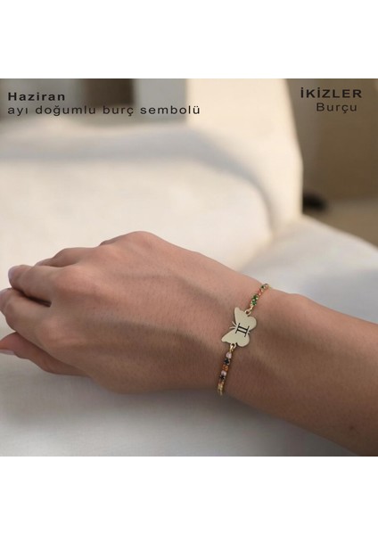Kelebek Figürlü 14 Ayar Altın Plakalı Astroloji Burç Sembollü Renkli Taşlı Bileklik fiyatları