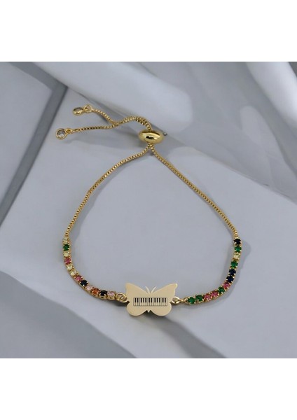 Kelebek Figürlü 14 Ayar Altın Plakalı Özel Semboller Desenli Renkli Taşlı Bileklik