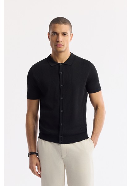 Erkek Siyah Polo Yaka Düğmeli Fitilli Rayon Triko T-shirt A51y5001