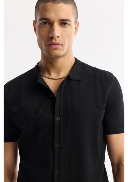 Erkek Siyah Polo Yaka Düğmeli Fitilli Rayon Triko T-shirt A51y5001