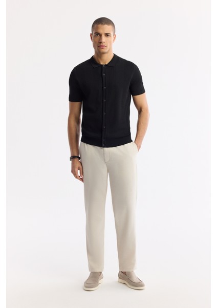 Erkek Siyah Polo Yaka Düğmeli Fitilli Rayon Triko T-shirt A51y5001
