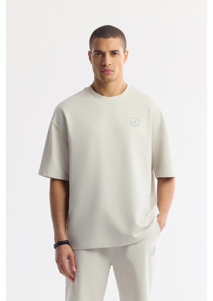 Erkek Taş Bisiklet Yaka Oversize Aplike Baskı Detaylı 2'iplik T-shirt A51y1082