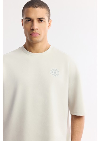 Erkek Taş Bisiklet Yaka Oversize Aplike Baskı Detaylı 2'iplik T-shirt A51y1082