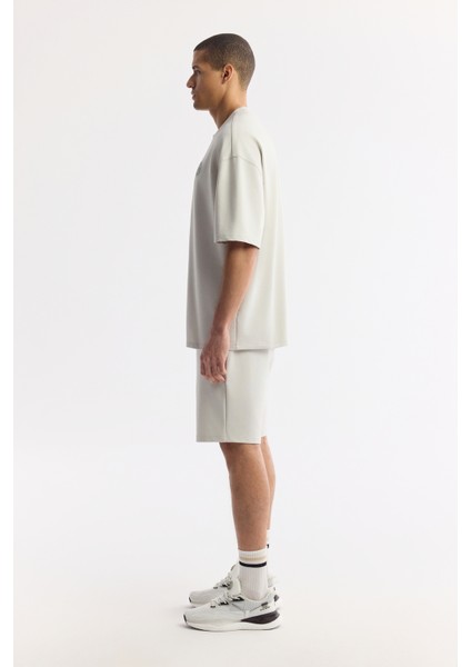 Erkek Taş Bisiklet Yaka Oversize Aplike Baskı Detaylı 2'iplik T-shirt A51y1082