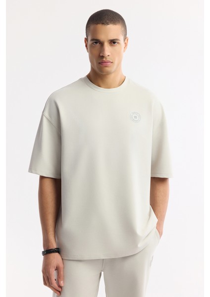 Erkek Taş Bisiklet Yaka Oversize Aplike Baskı Detaylı 2'iplik T-shirt A51y1082