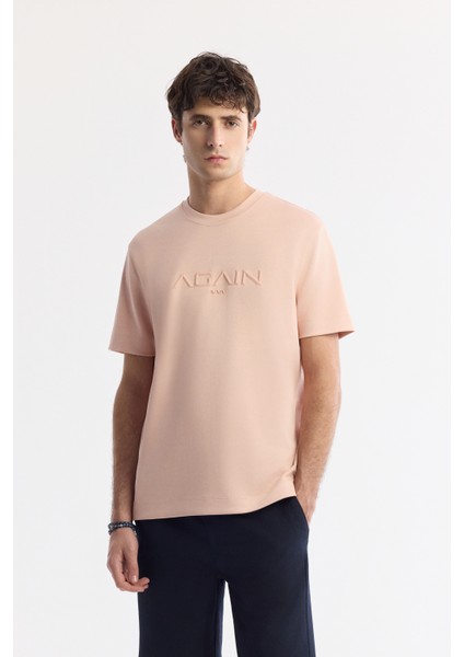 Erkek Pembe Bisiklet Yaka Baskılı Bi-Stretch İnterlok Regular Fit T-Shirt A51Y1132