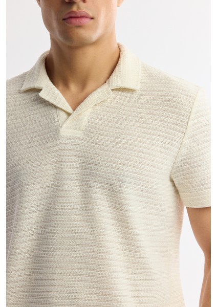 Erkek Ekru Apaj Yaka Enine Çizgili Jakarlı T-shirt A51Y1152