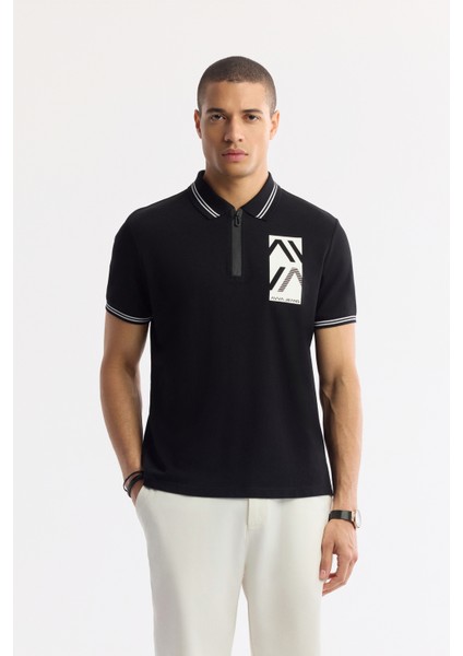Erkek Regular Fit Siyah Polo Yaka Baskılı %100 Pamuk T-Shirt A51Y1167