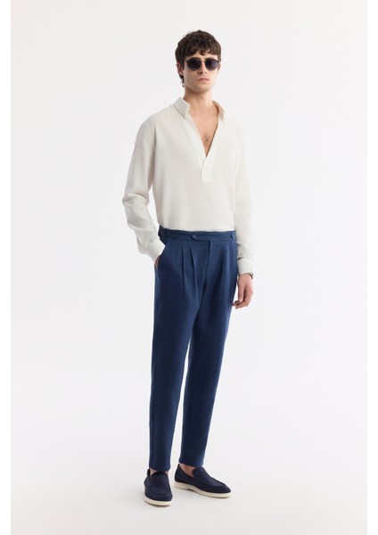 Erkek Carrot Fit Lacivert Klasik Bel %100 Keten Pantolon A51Y3025