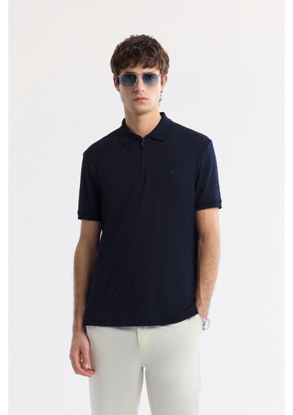 Erkek Lacivert Polo Yaka Jakarlı Regular Fit T-Shirt A51Y1090