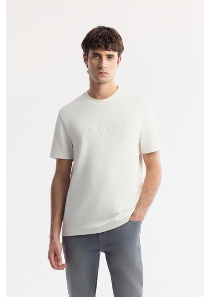 Erkek Beyaz Bisiklet Yaka Baskılı Bi-Stretch İnterlok Regular Fit T-Shirt A51Y1132