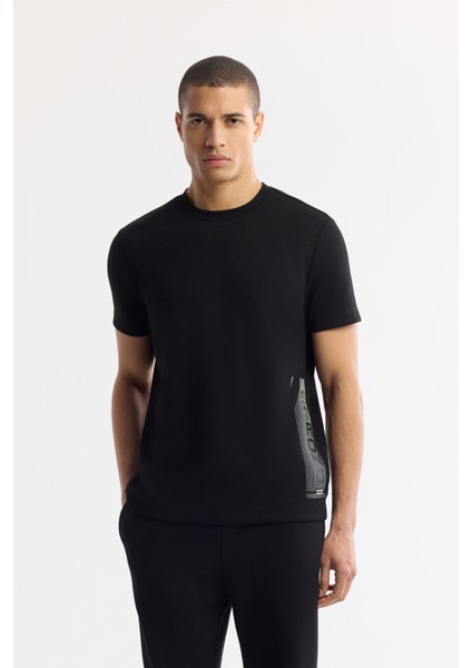 Erkek Siyah Bisiklet Yaka Enjeksiyon Baskılı İnterlok T-Shirt A51Y1136