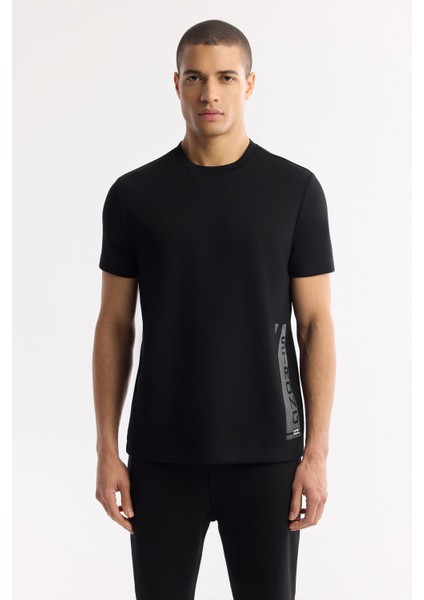 Erkek Siyah Bisiklet Yaka Enjeksiyon Baskılı İnterlok T-Shirt A51Y1136