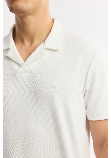 Erkek Beyaz Apaj Yaka Çizgili Jakarlı Elastan Regular Fit T-Shirt A51Y1145