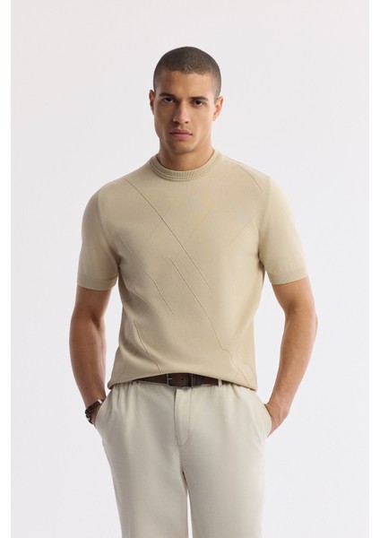 Erkek Bej Bisiklet Yaka Geometrik Desen Detaylı Rayon Triko T-shırt A51Y5003