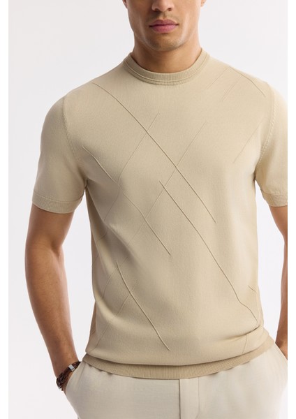 Erkek Bej Bisiklet Yaka Geometrik Desen Detaylı Rayon Triko T-shırt A51Y5003
