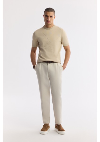 Erkek Bej Bisiklet Yaka Geometrik Desen Detaylı Rayon Triko T-shırt A51Y5003