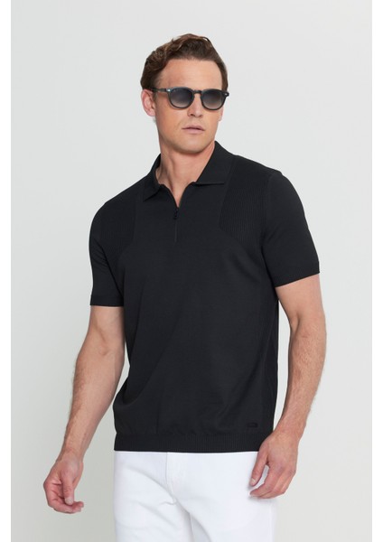 Standart Fit Normal Kesim Polo Yaka Jakarlı Triko Tişört
