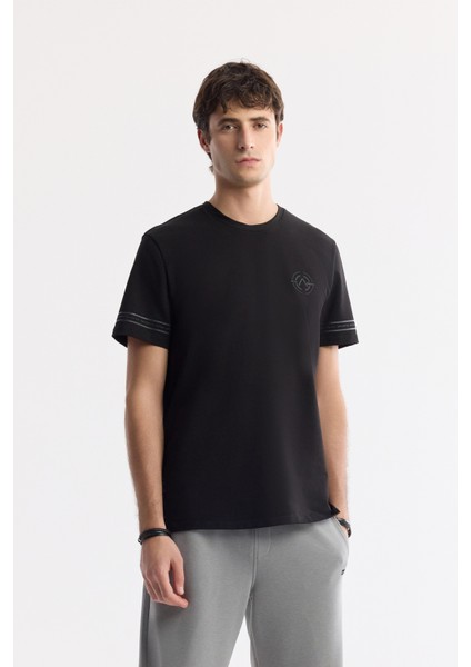 Erkek Siyah Bisiklet Yaka Enjeksiyon Baskılı 2'İplik T-Shirt A51Y1163