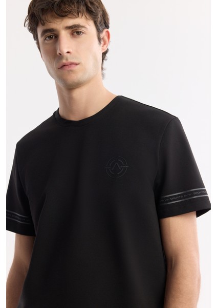 Erkek Siyah Bisiklet Yaka Enjeksiyon Baskılı 2'İplik T-Shirt A51Y1163