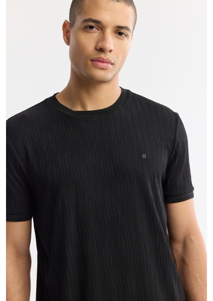 Erkek Siyah Bisiklet Yaka Jakarlı Ribana Detaylı T-Shirt A51Y1035