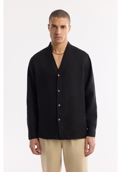 Erkek Siyah V Yaka %100 Keten Comfort Fit Gömlek A51Y2105