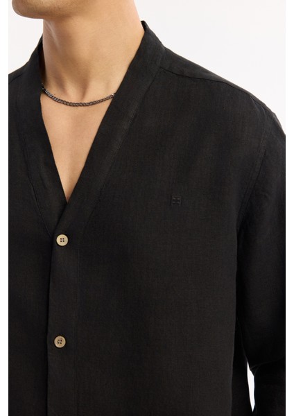 Erkek Siyah V Yaka %100 Keten Comfort Fit Gömlek A51Y2105 fiyatları