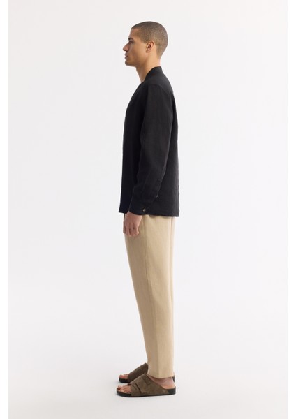 Erkek Siyah V Yaka %100 Keten Comfort Fit Gömlek A51Y2105 modelleri