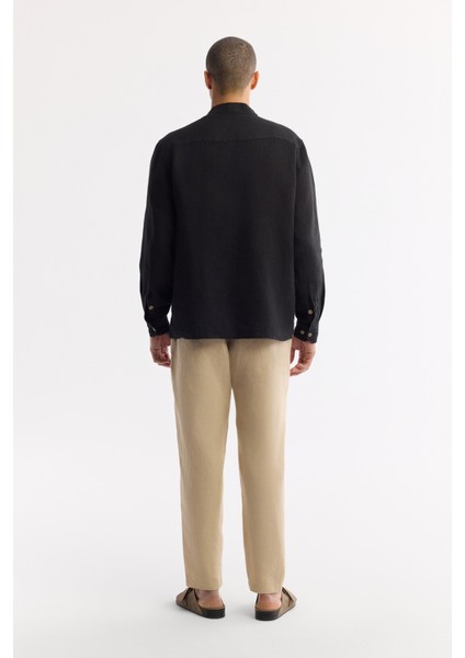 Erkek Siyah V Yaka %100 Keten Comfort Fit Gömlek A51Y2105 fırsatları