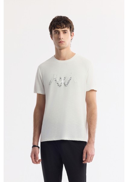 Erkek Ekru Bisiklet Yaka Baskılı Shoft Touch Flamlı T-Shirt A51Y1106