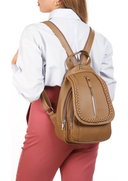 GK66 Kadın Sırt Çantası Günlük Kullanıma Uygun Örgü Motifli Kapaklı Çanta