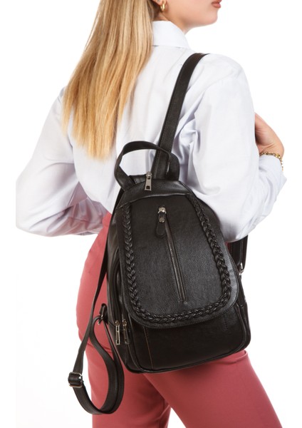 GK66 Kadın Sırt Çantası Günlük Kullanıma Uygun Örgü Motifli Kapaklı Çanta