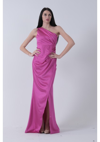 Fuşya Önü Yırtmaçlı Tek Omuz Şık Abiye 0801563.12 fırsatları