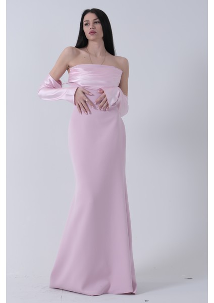 Pudra Drapeli Düğme Detaylı Uzun Abiye 9705361.79