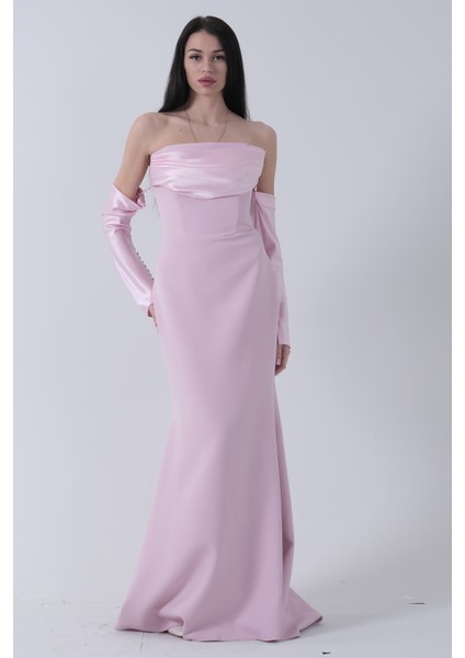 Pudra Drapeli Düğme Detaylı Uzun Abiye 9705361.79 modelleri