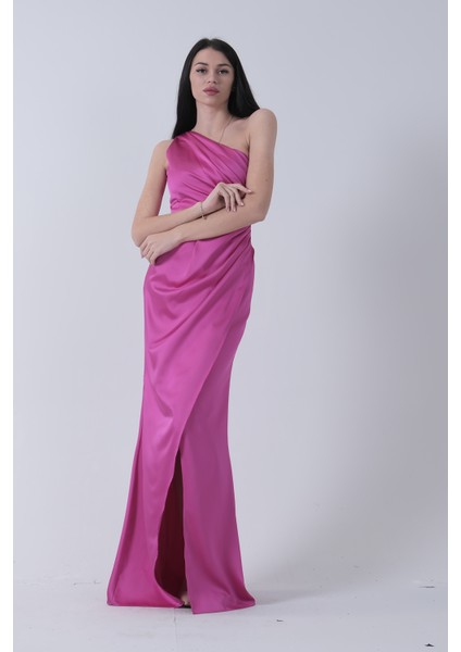 Fuşya Önü Yırtmaçlı Tek Omuz Şık Abiye 0801563.12 modelleri