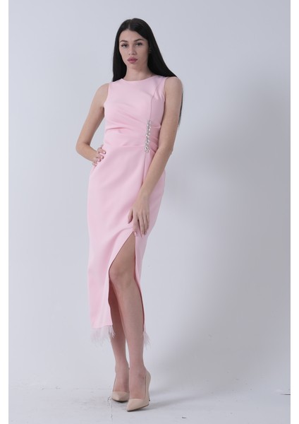 Pudra Önü Taş Detaylı Yırtmaçlı Tüy Detaylı Abiye 9705402.79