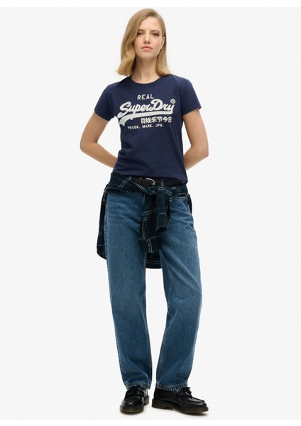 Yuvarlak Yaka Baskılı Lacivert Kadın T-Shirt W1011502A