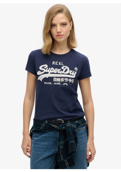 Yuvarlak Yaka Baskılı Lacivert Kadın T-Shirt W1011502A