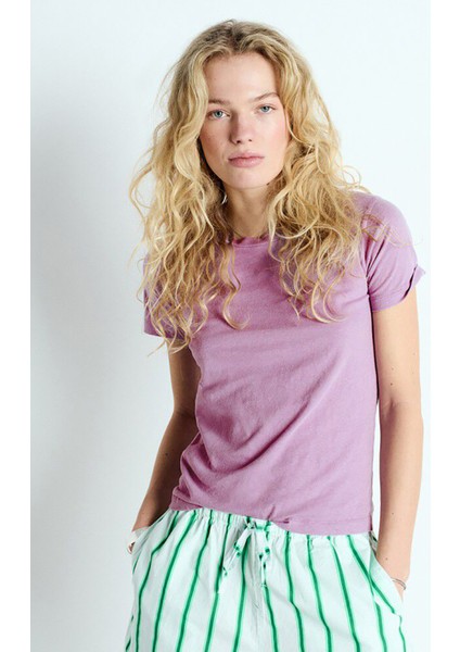 Bisiklet Yaka Düz Lila Kadın T-Shirt GAMI21E25_LILAS
