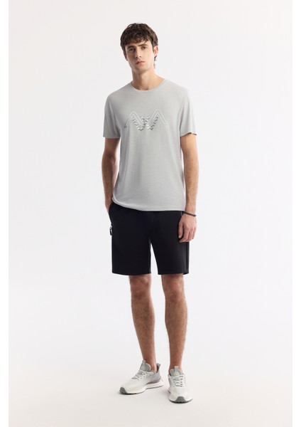 Erkek Açık Gri Bisiklet Yaka Baskılı Shoft Touch, Dökümlü, Rahat görünüm, Flamlı T-Shirt A51Y1106