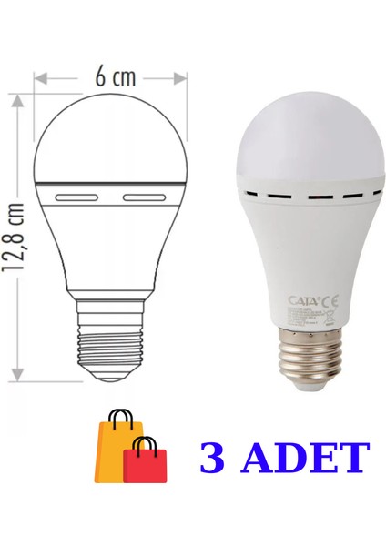 CATA-4229 Şarjlı Led Ampul 9 W Beyaz Işık 3 Adet modelleri